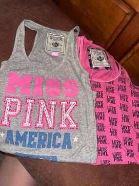 PINK Victoria's Secret Gray & Hot Pink Graphic Tank Tops - 2 Pack